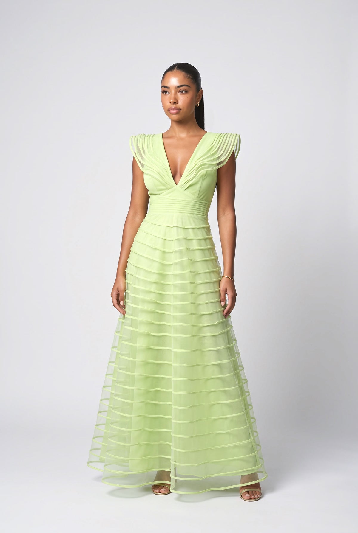 Mesh V-Neck Maxi Dress, fluorescent green