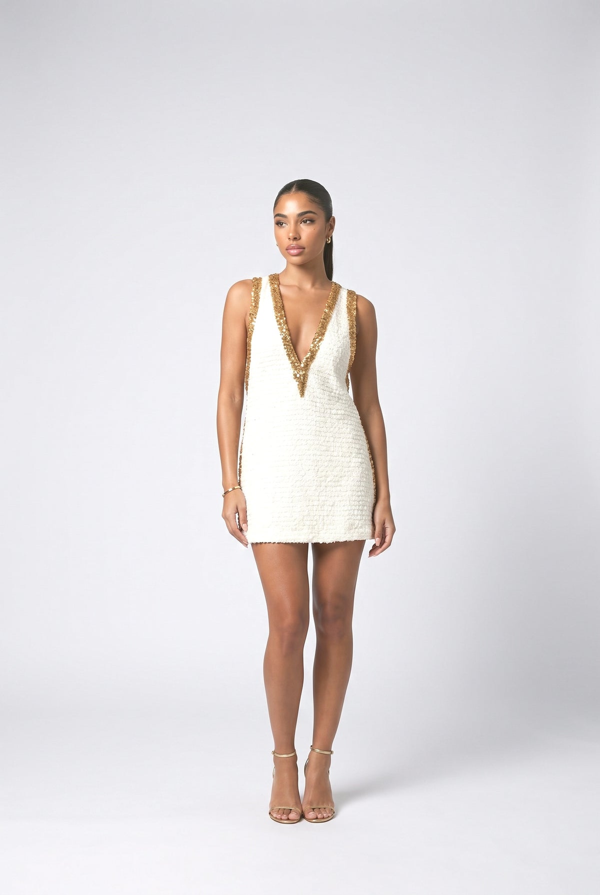 Colorblock Sequin V-Neck Sleeveless A-Line Mini Dress, gold