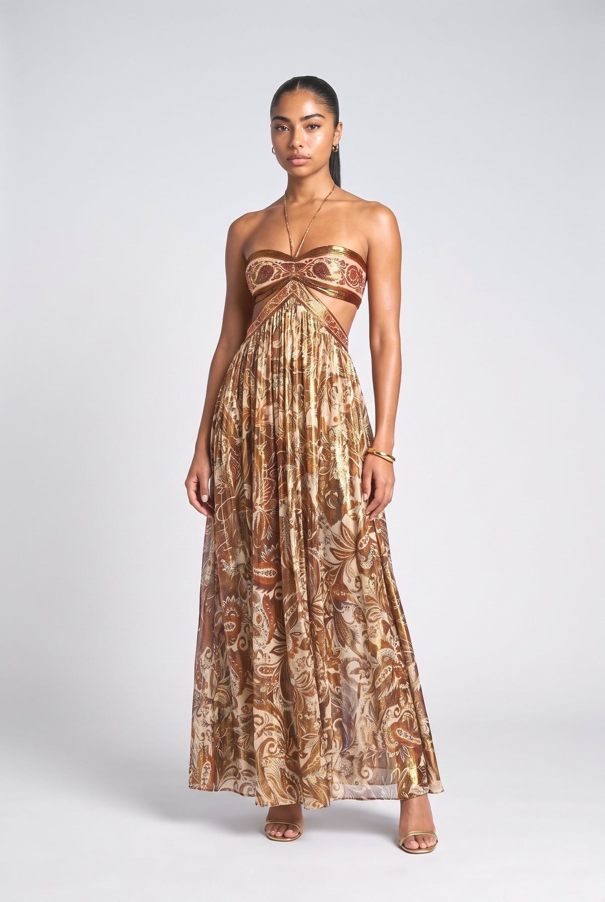 Gold Halter Neck Maxi Dress, gold