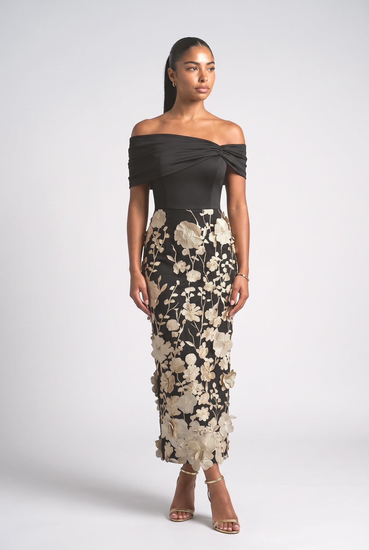 Floral Embroidered Off-Shoulder Maxi Dress, gold
