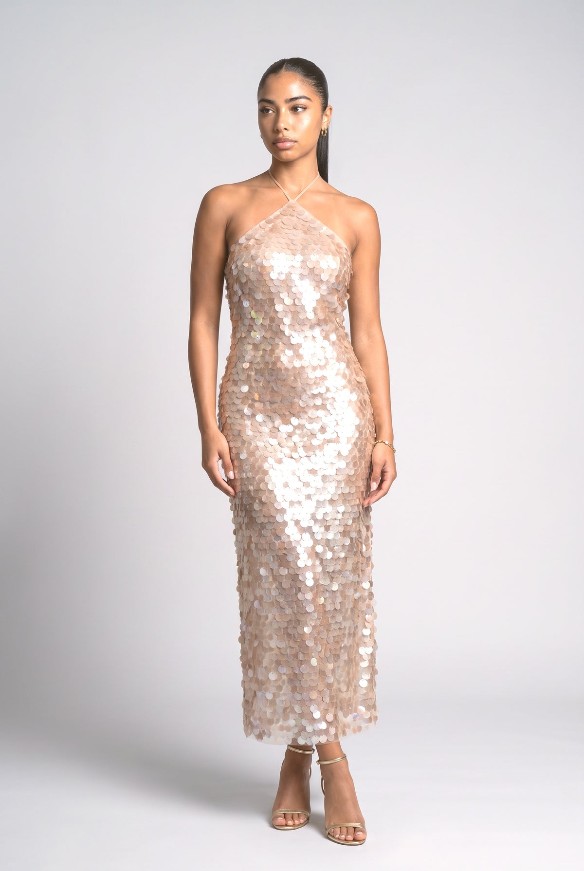 Iridescent Sequin Halter Neck Evening Maxi Dress, gold