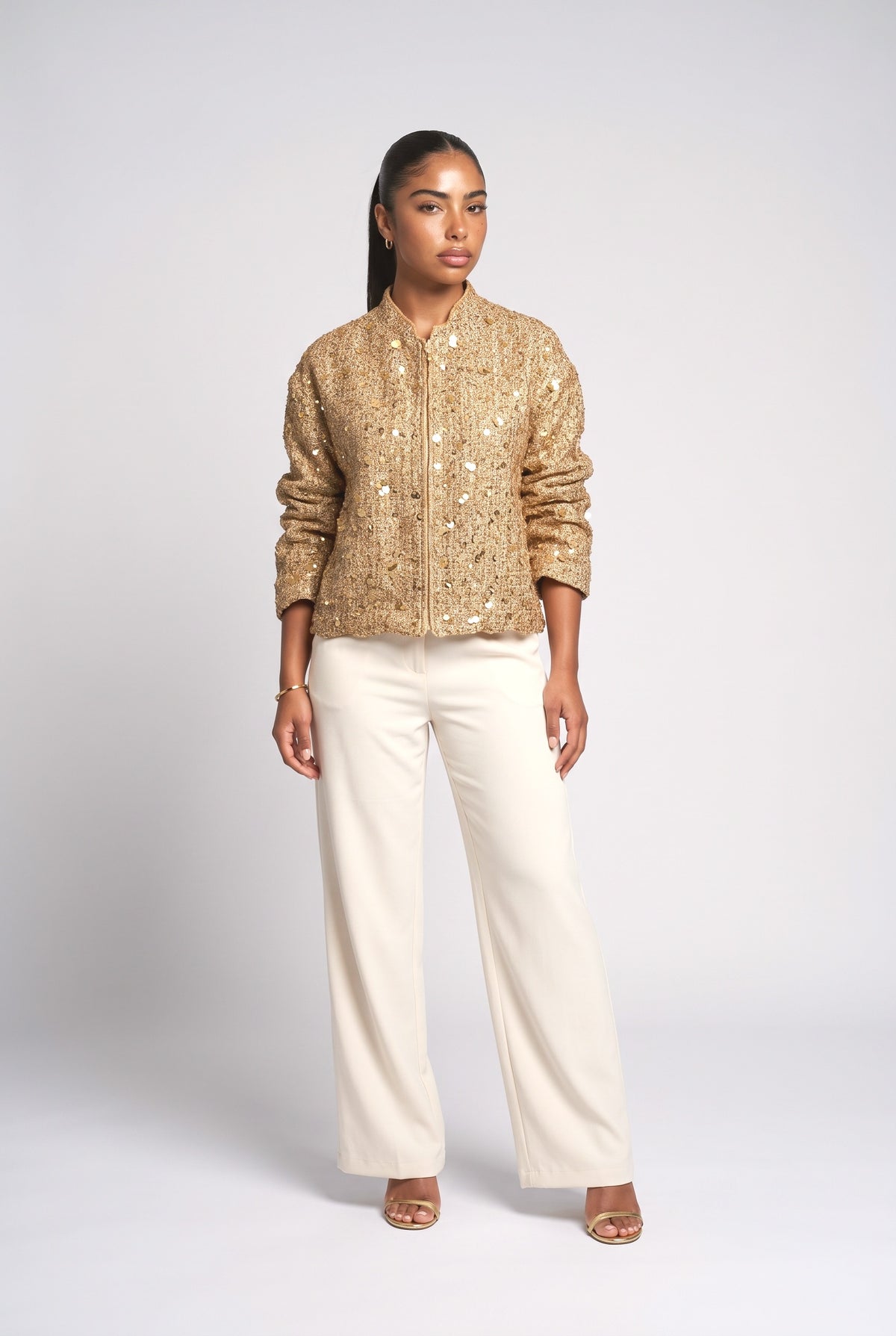 Sequin Long Sleeve Top, gold
