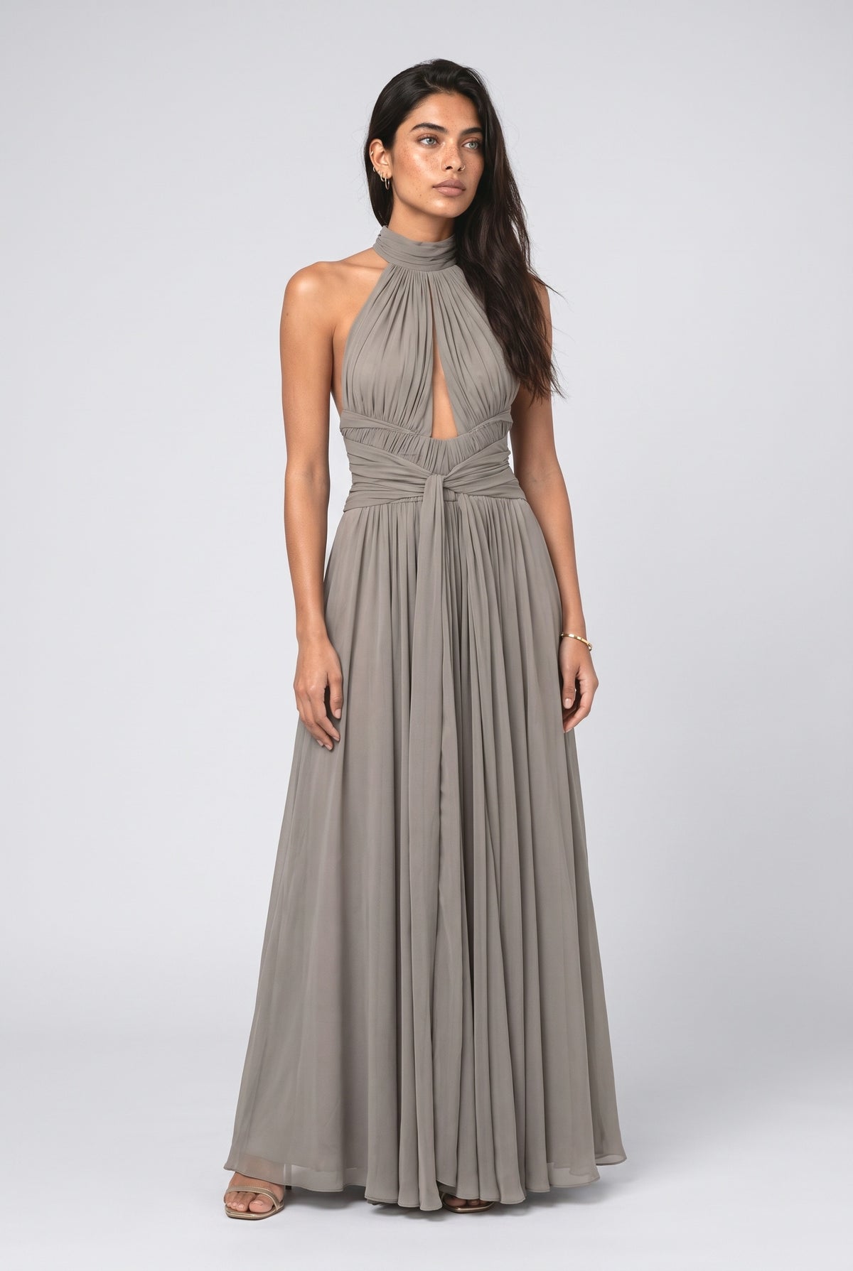 Gray High Neck Ruched Maxi Dress, gray