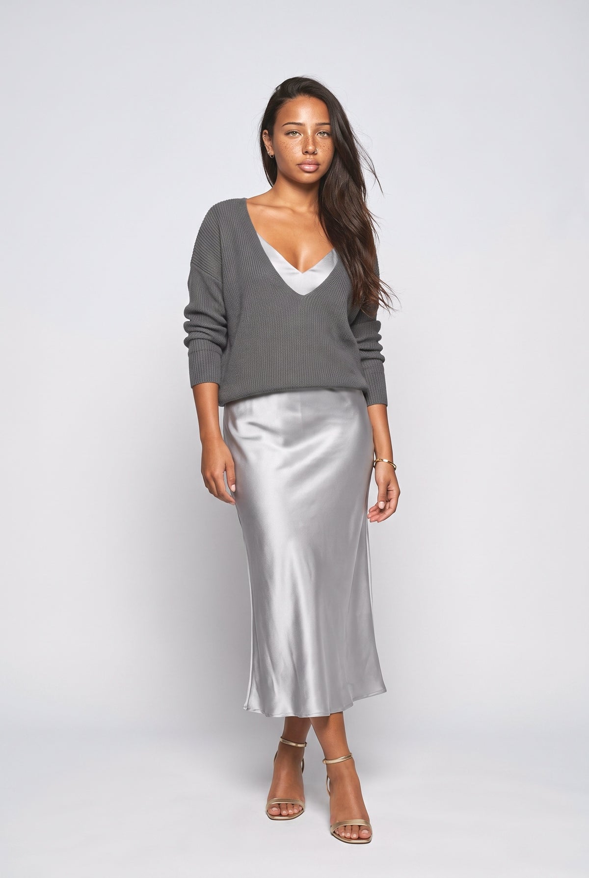 Satin V-Neck Outfit Set, gray