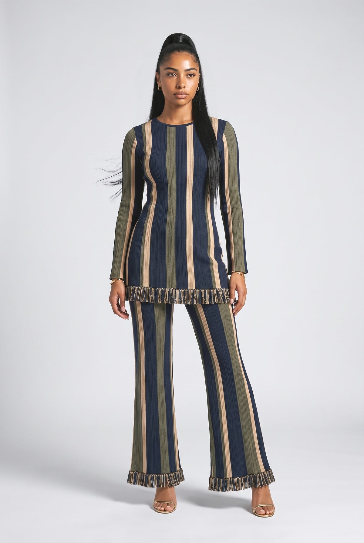 Striped Knit Outfit Set, green pant