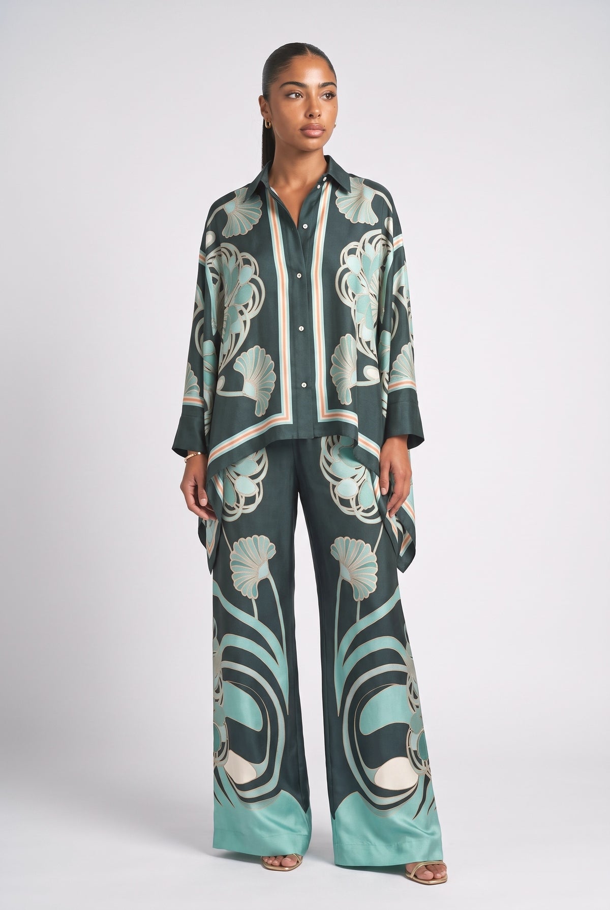 Abstract Print High-Waist Wide Leg Pants, green pants