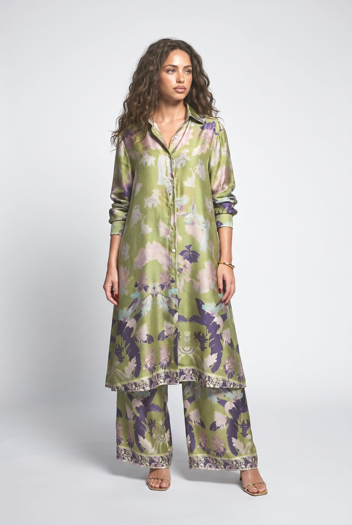 Satin Floral Print Button-down Two-piece Set, green set