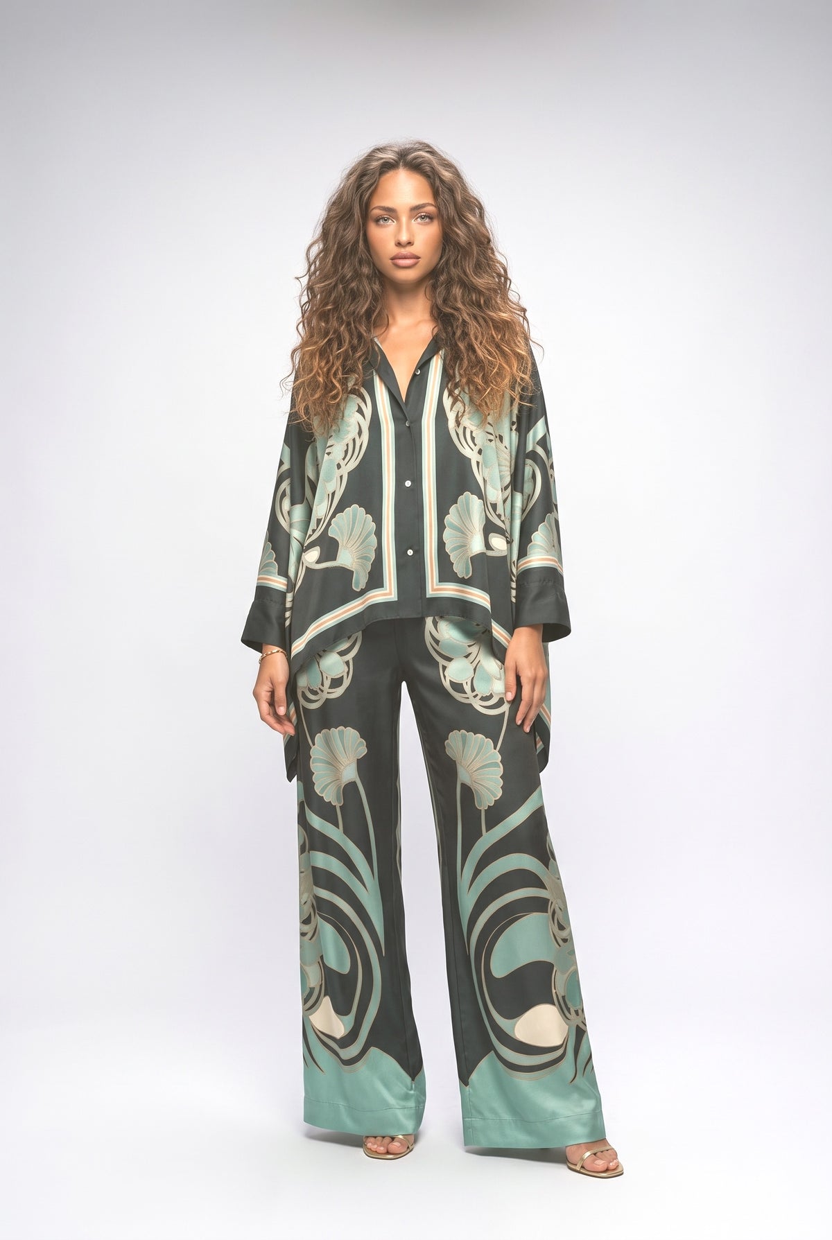 Abstract Satin Outfit Set, green set