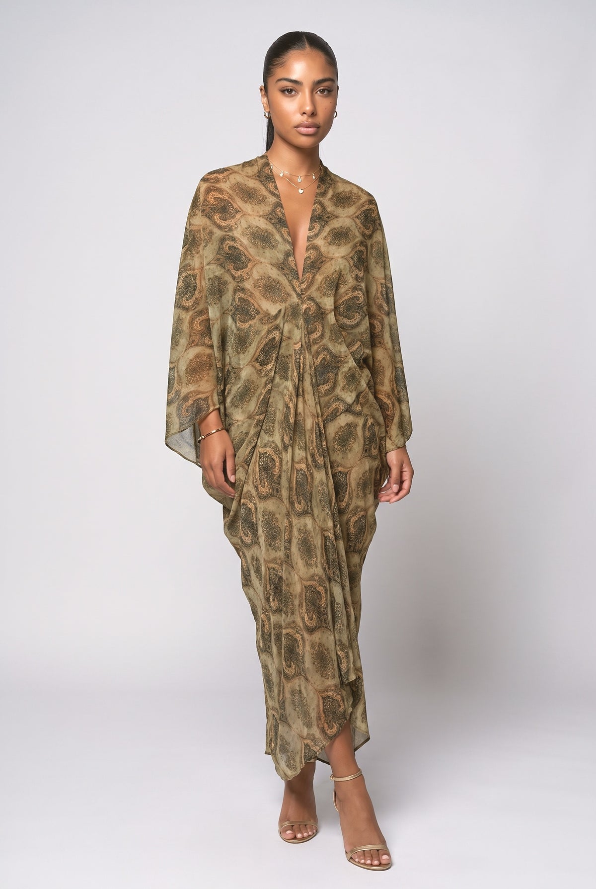 Green Paisley V-Neck Draped Maxi Dress, green