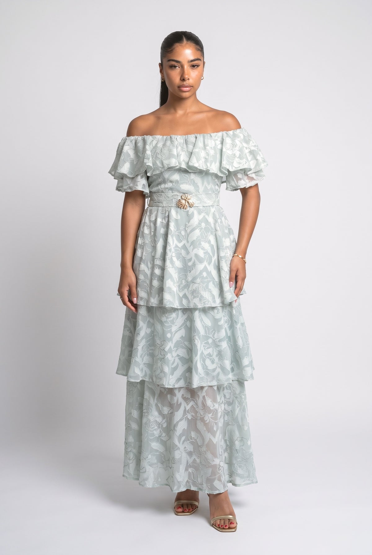 Floral Lace Off-Shoulder Tiered Maxi Dress, green