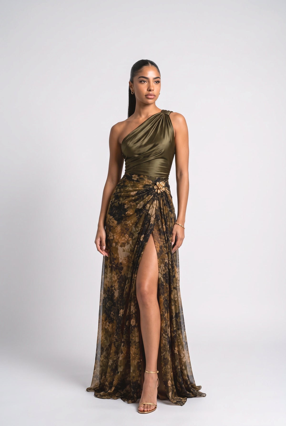 Green Floral One-Shoulder Slit Maxi Dress, green
