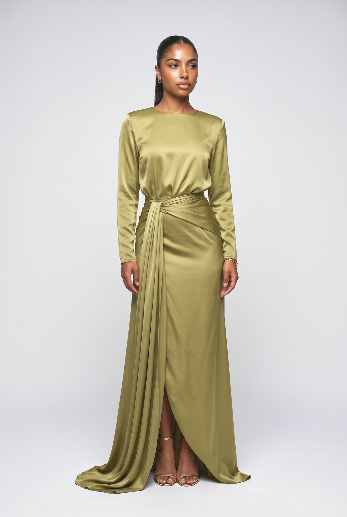 Satin Draped Maxi Dress, green