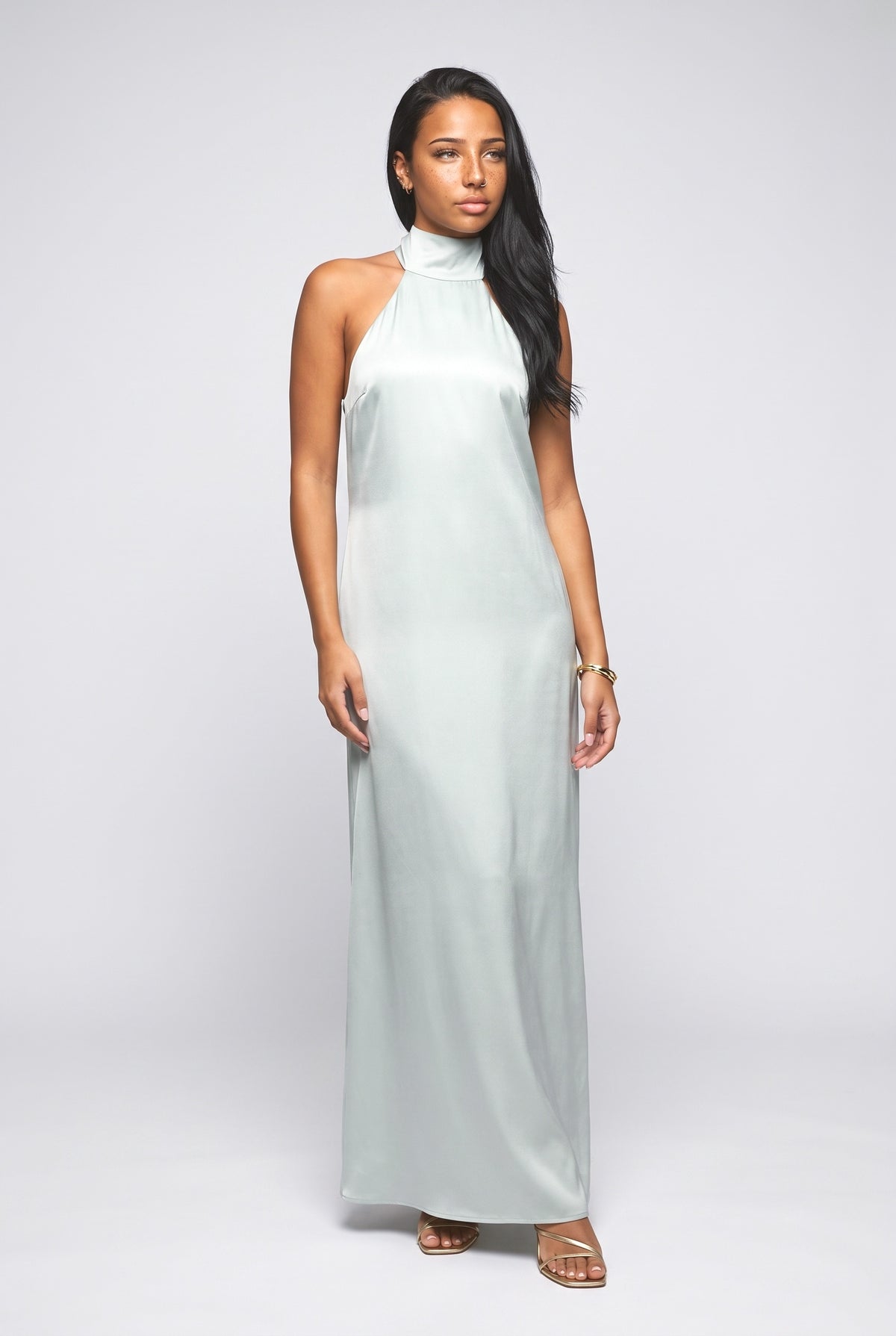 Satin Halter Neck Feather Trim Maxi Dress, green