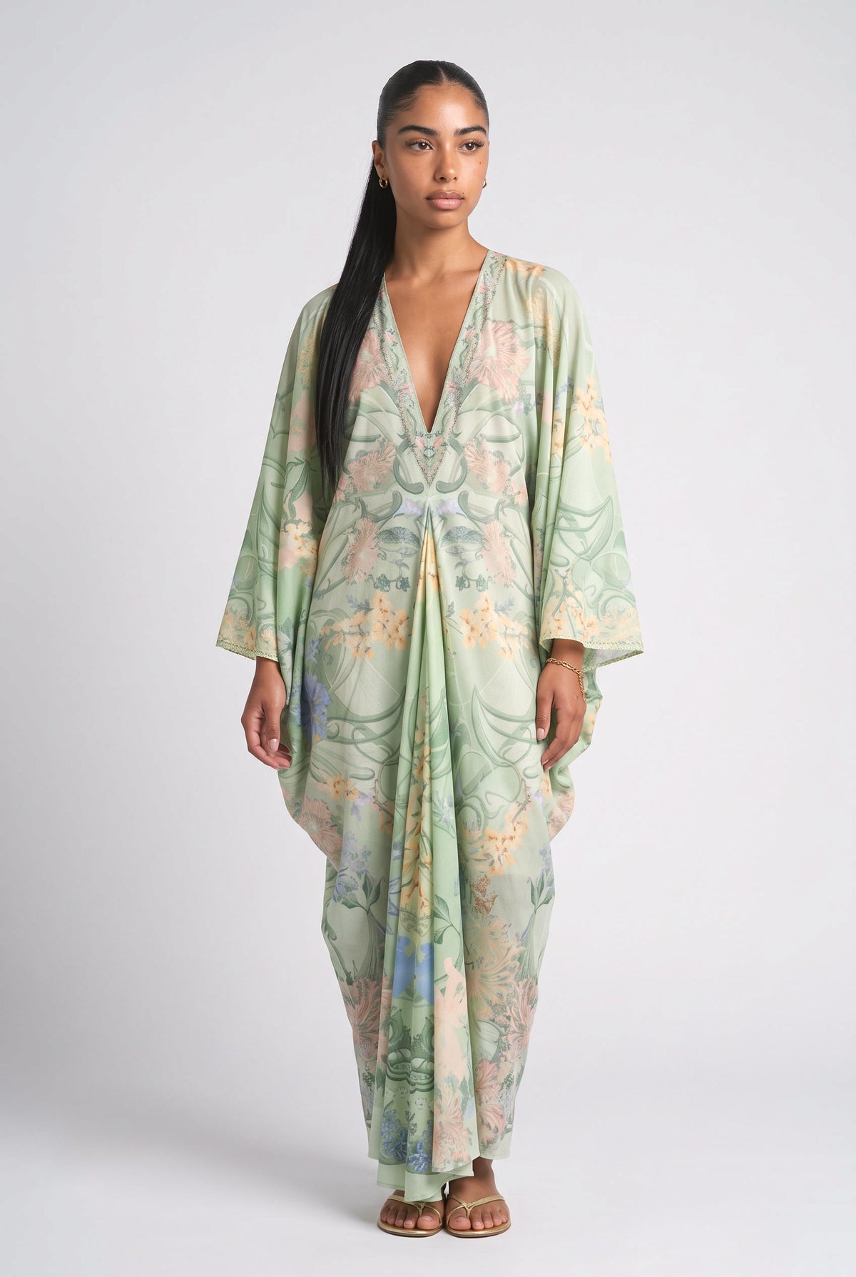 Green Floral V-Neck Oversized Midi Dress, green