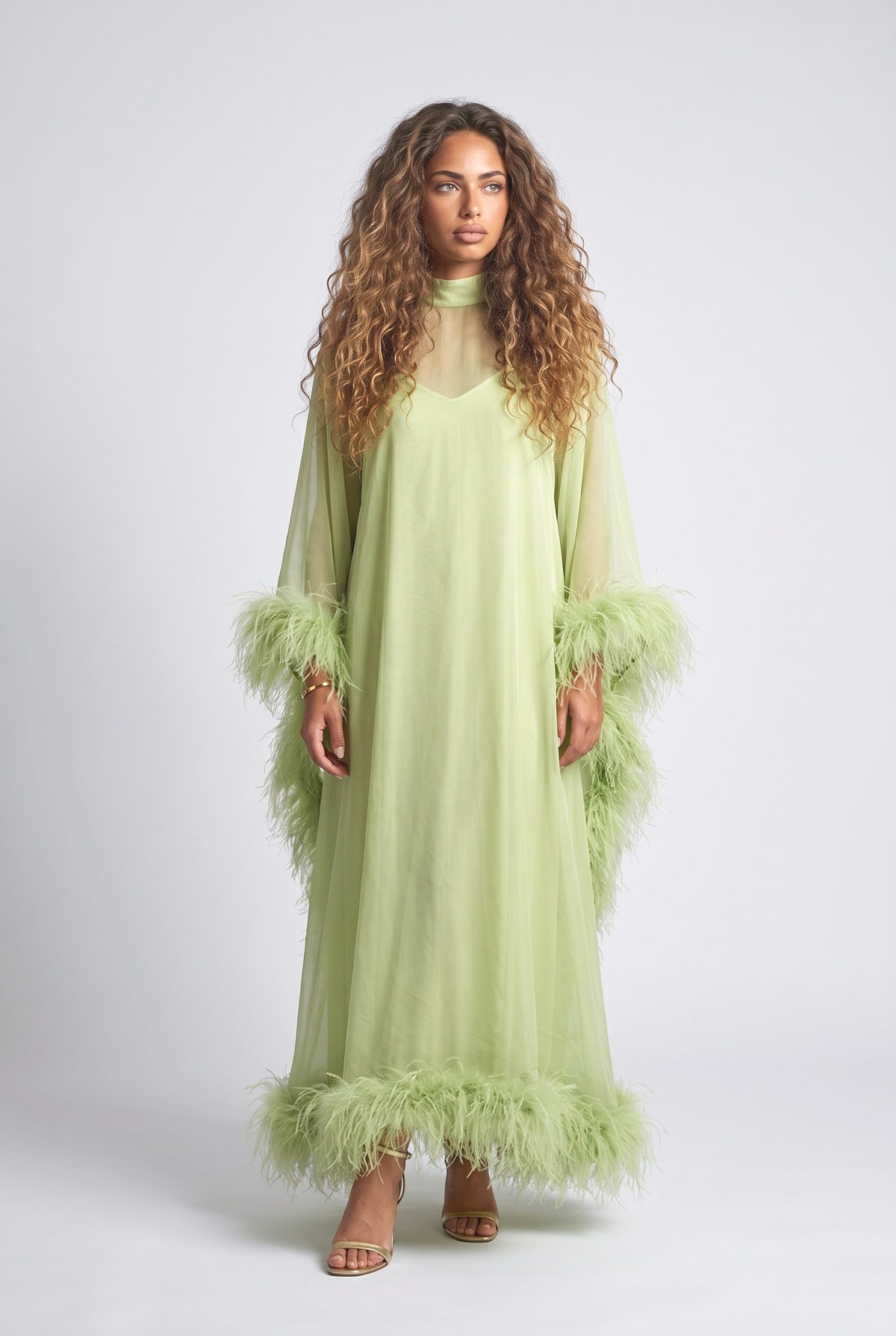 Green Chiffon Feather Trim Maxi Dress, green