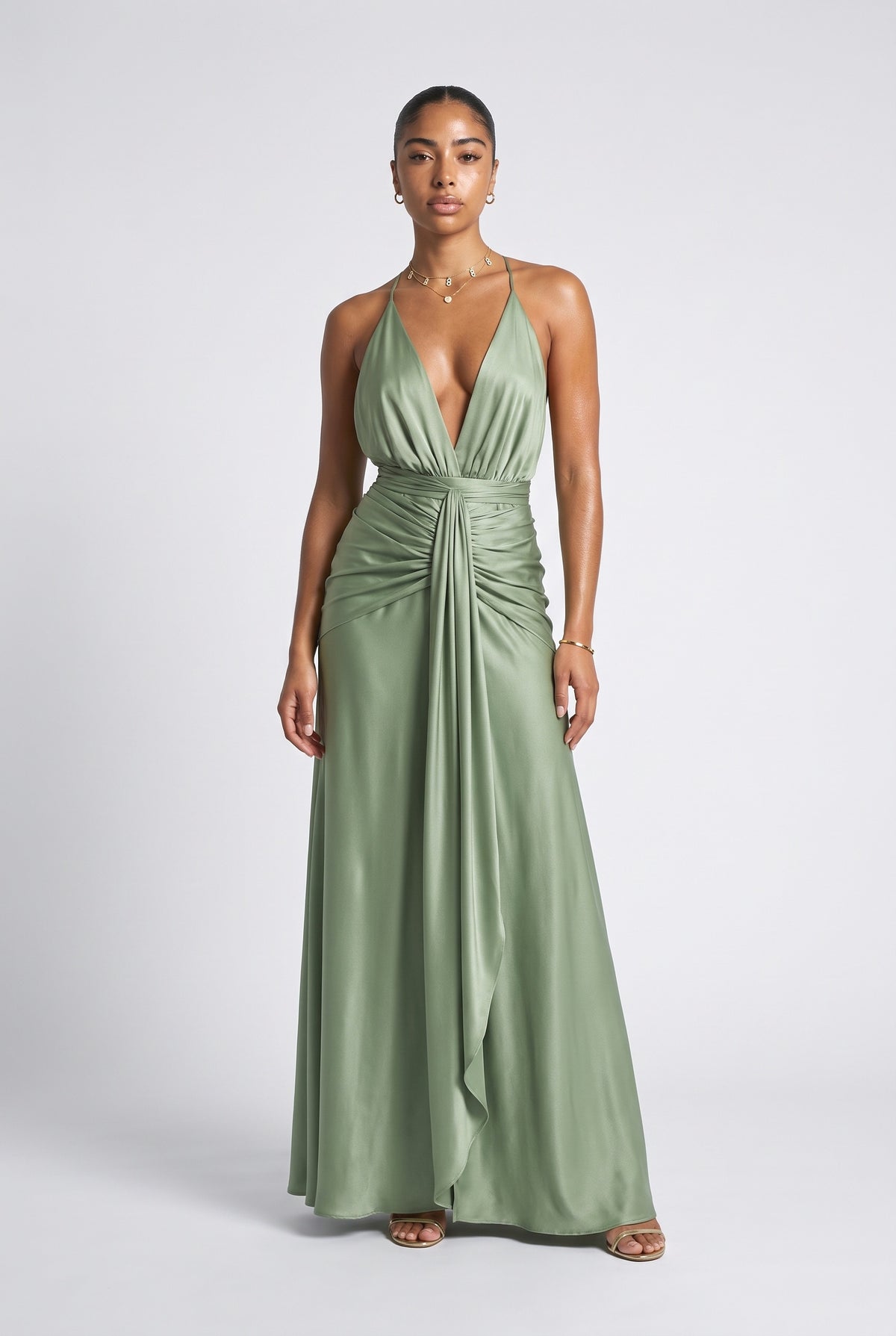 Green Halter Neck Wrap Maxi Dress, green