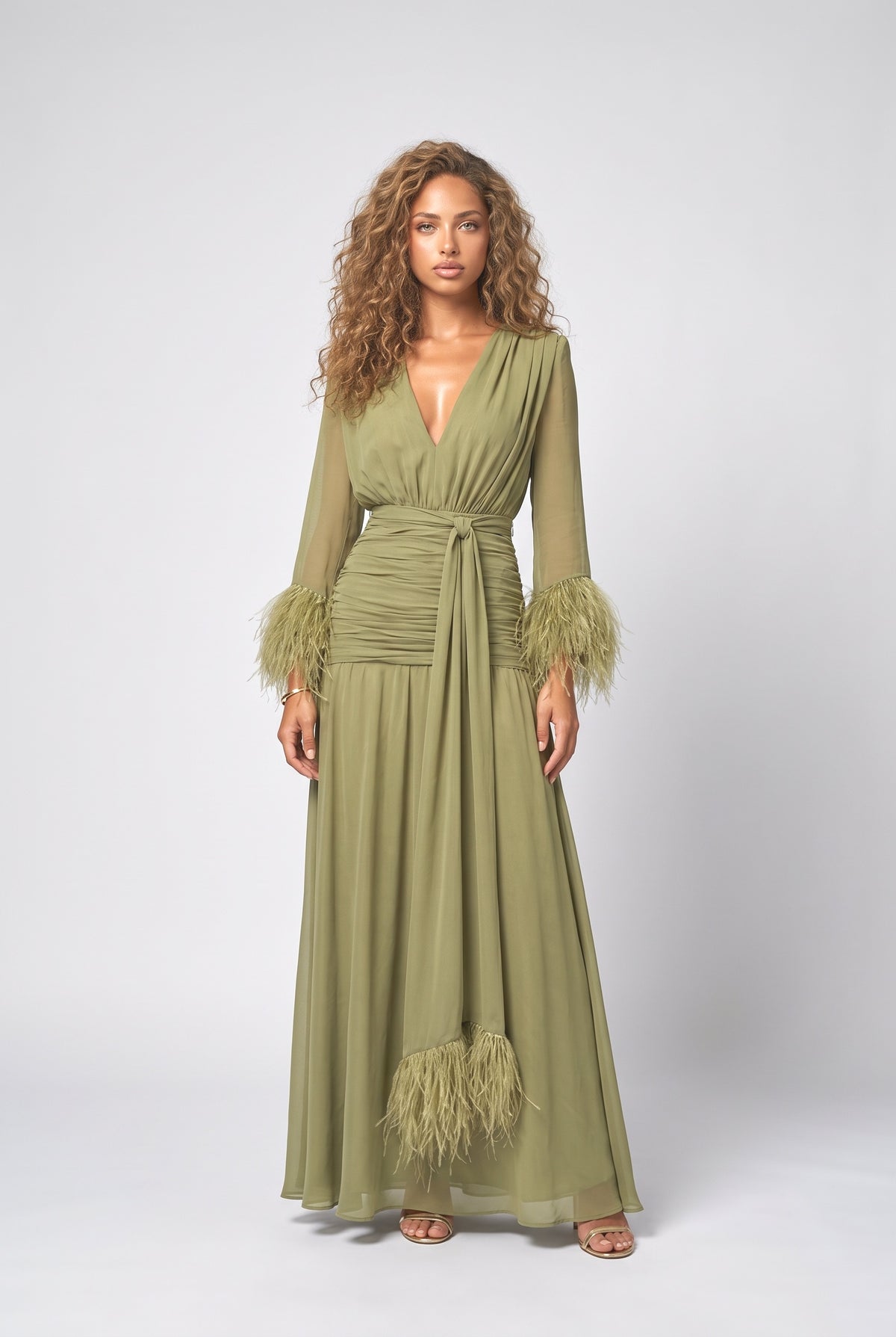 Chiffon V-Neck Feather Trim Maxi Dress, green