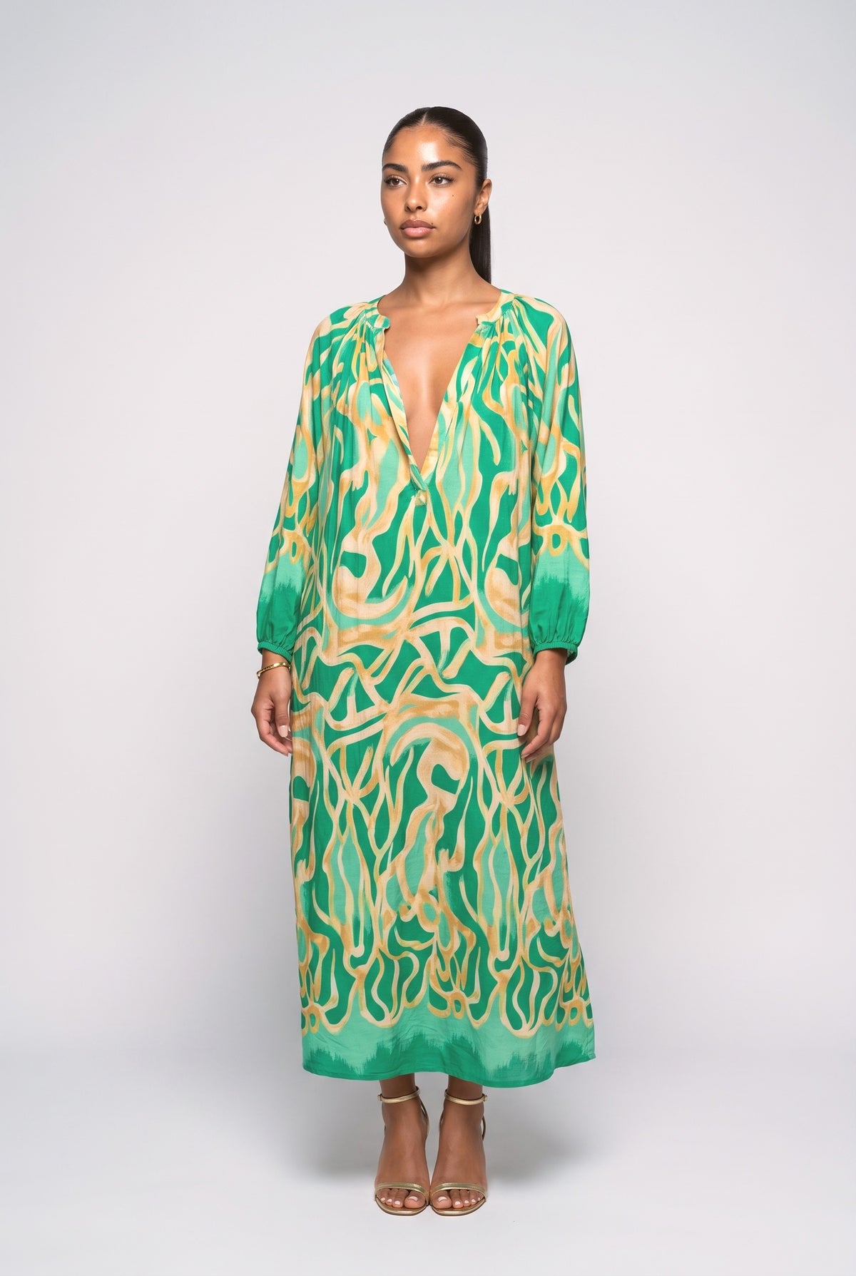 Print V-Neck Relaxed Dress, green
