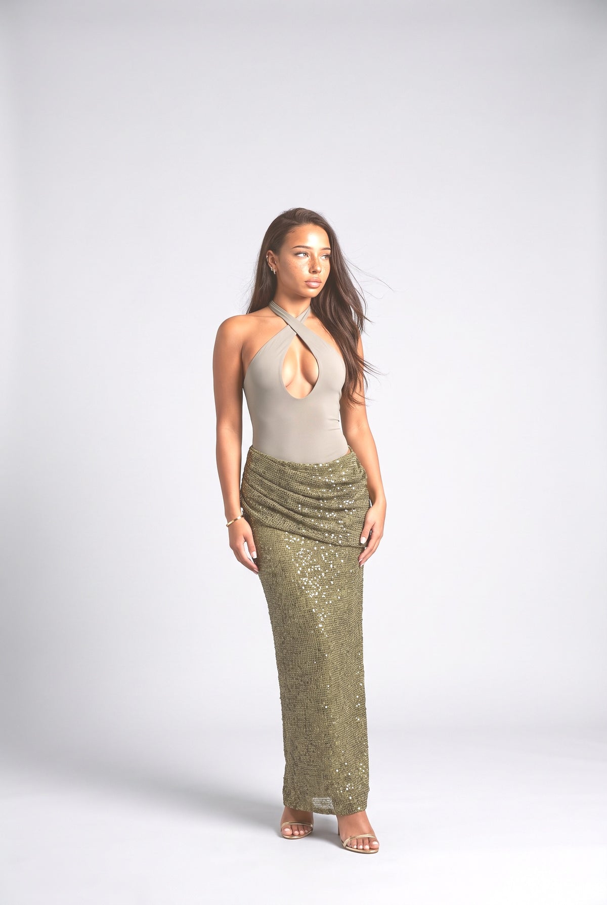 Sequin Halter Neck Cutout Maxi Dress, green