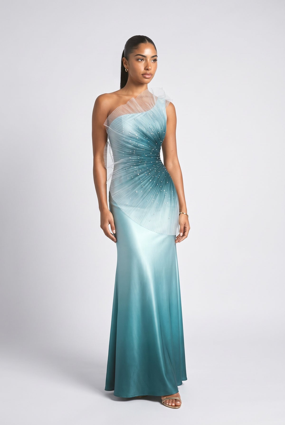 Gradient One-Shoulder Tulle Satin Maxi Dress, green