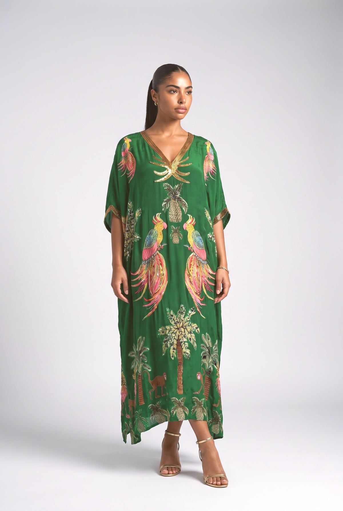 Drop Shoulder Sleeve Coconut Tree Printed Dress, green