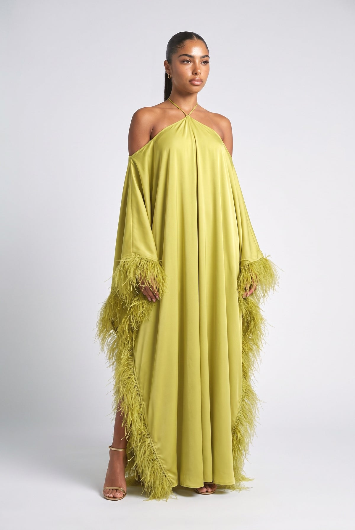 Halter Neck Feather Trim Maxi Dress, green