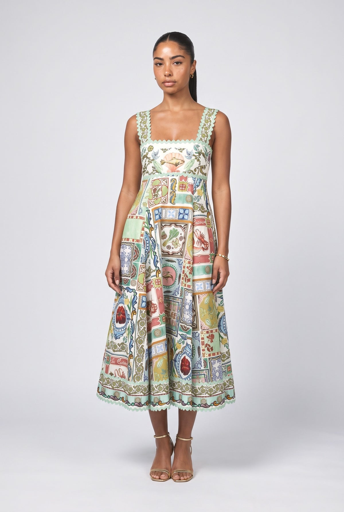 Green Print Square Neck A-Line Midi Dress, green