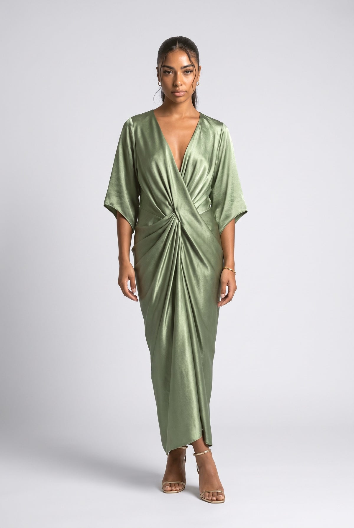 Green Satin V-Neck Wrap Maxi Dress, green