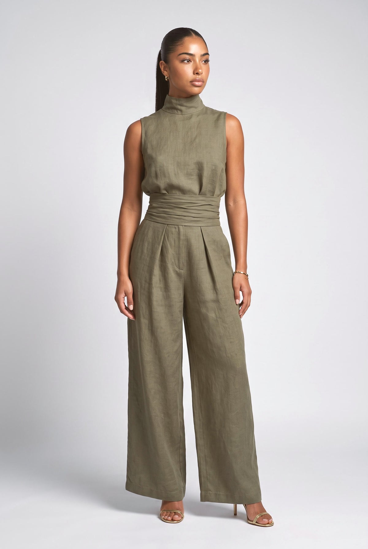 Linen High Neck Outfit Set, green