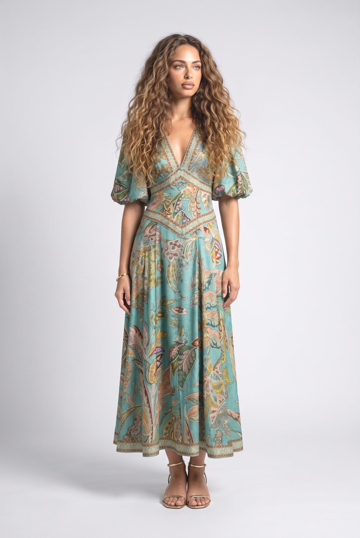 Green Floral Satin Puff Sleeve Midi Dress, green