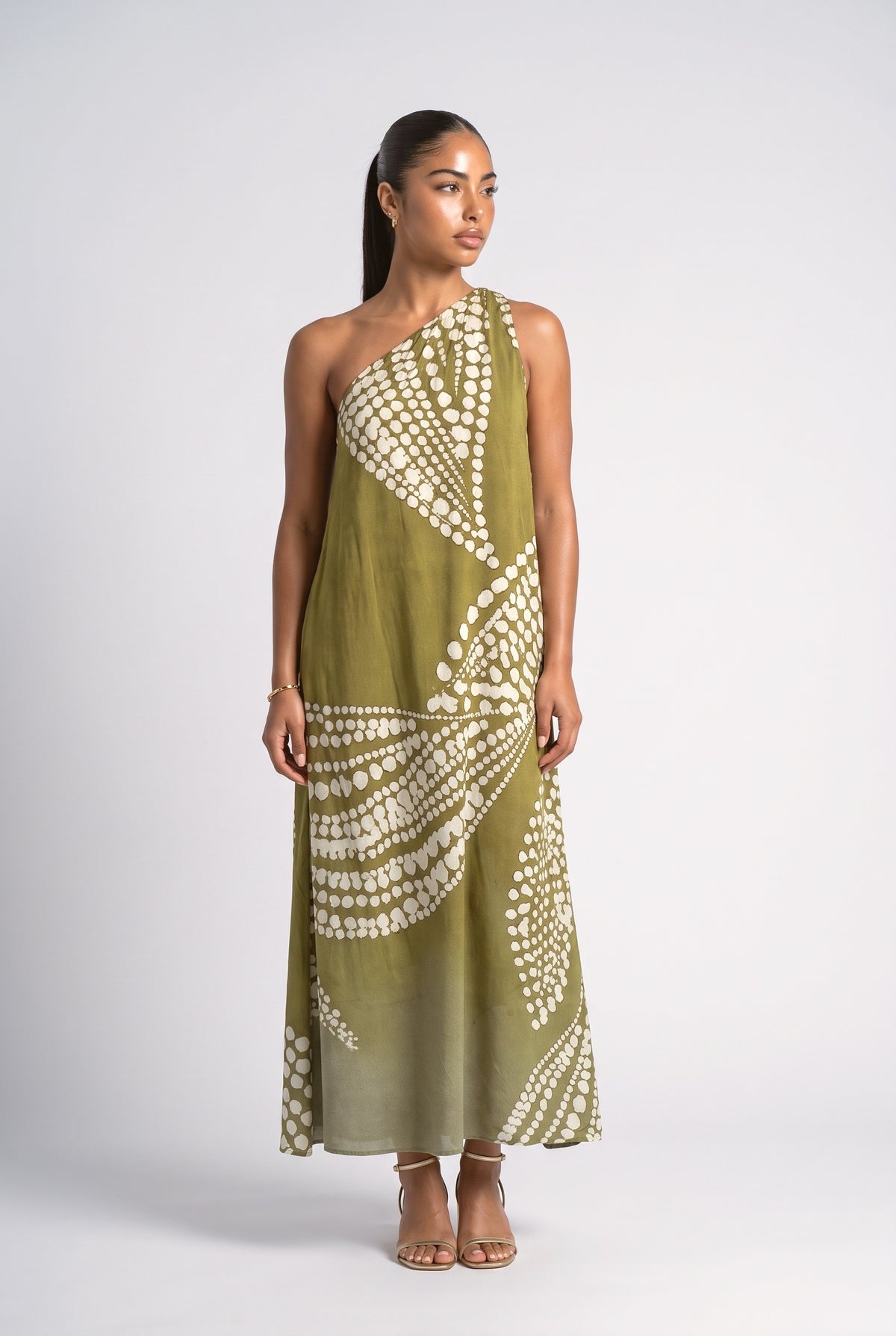 Polka Dot One-Shoulder Maxi Dress, green