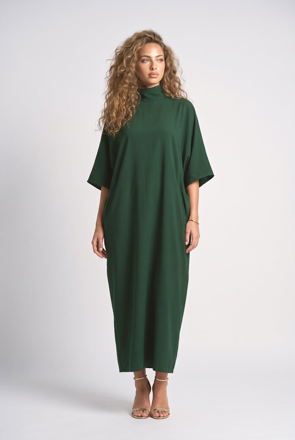 High Neck Batwing Sleeve Maxi Dress, green