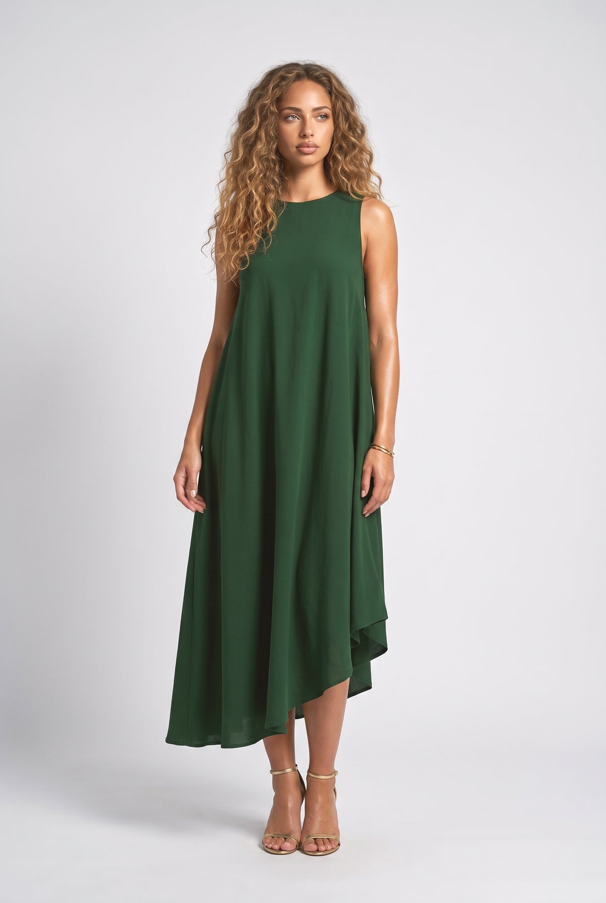Sleeveless Asymmetric Midi Dress, green