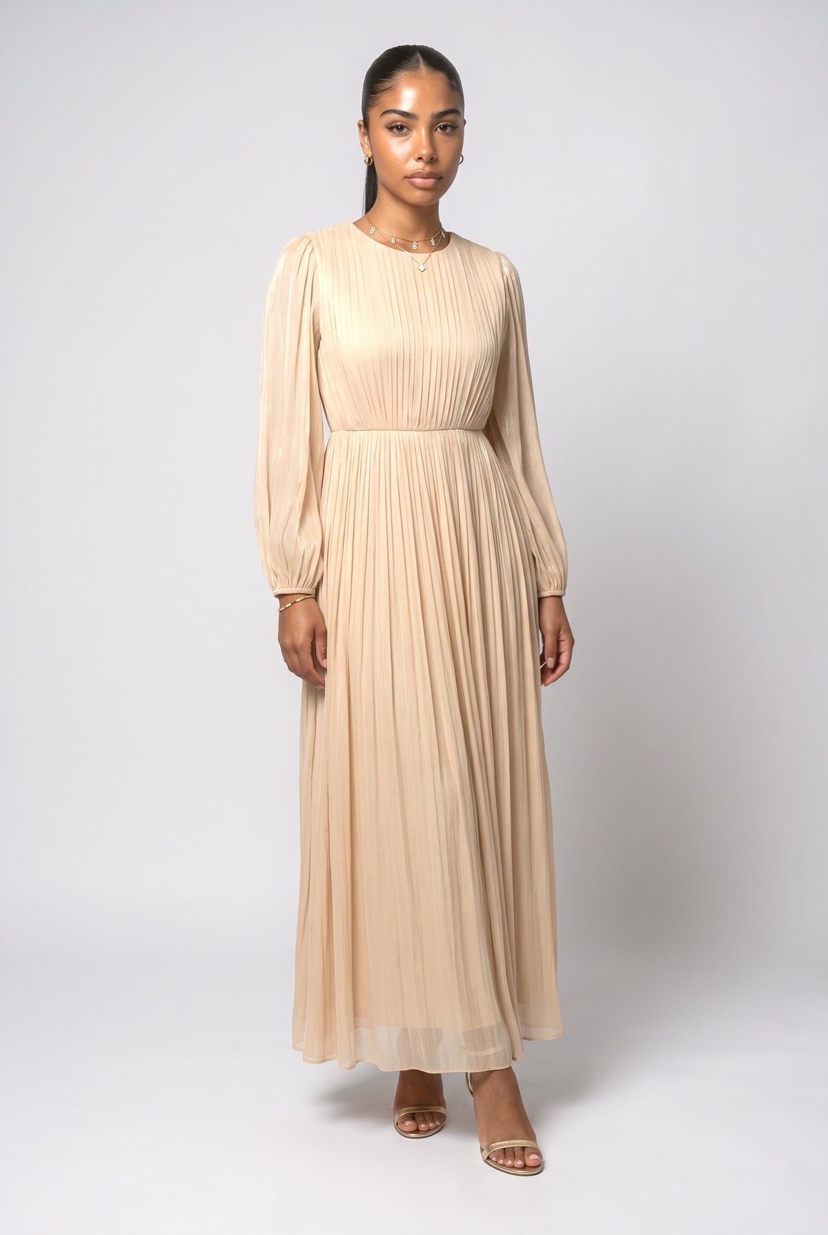 Pleated Waist Long-Sleeved Chiffon Evening Maxi Dress, green