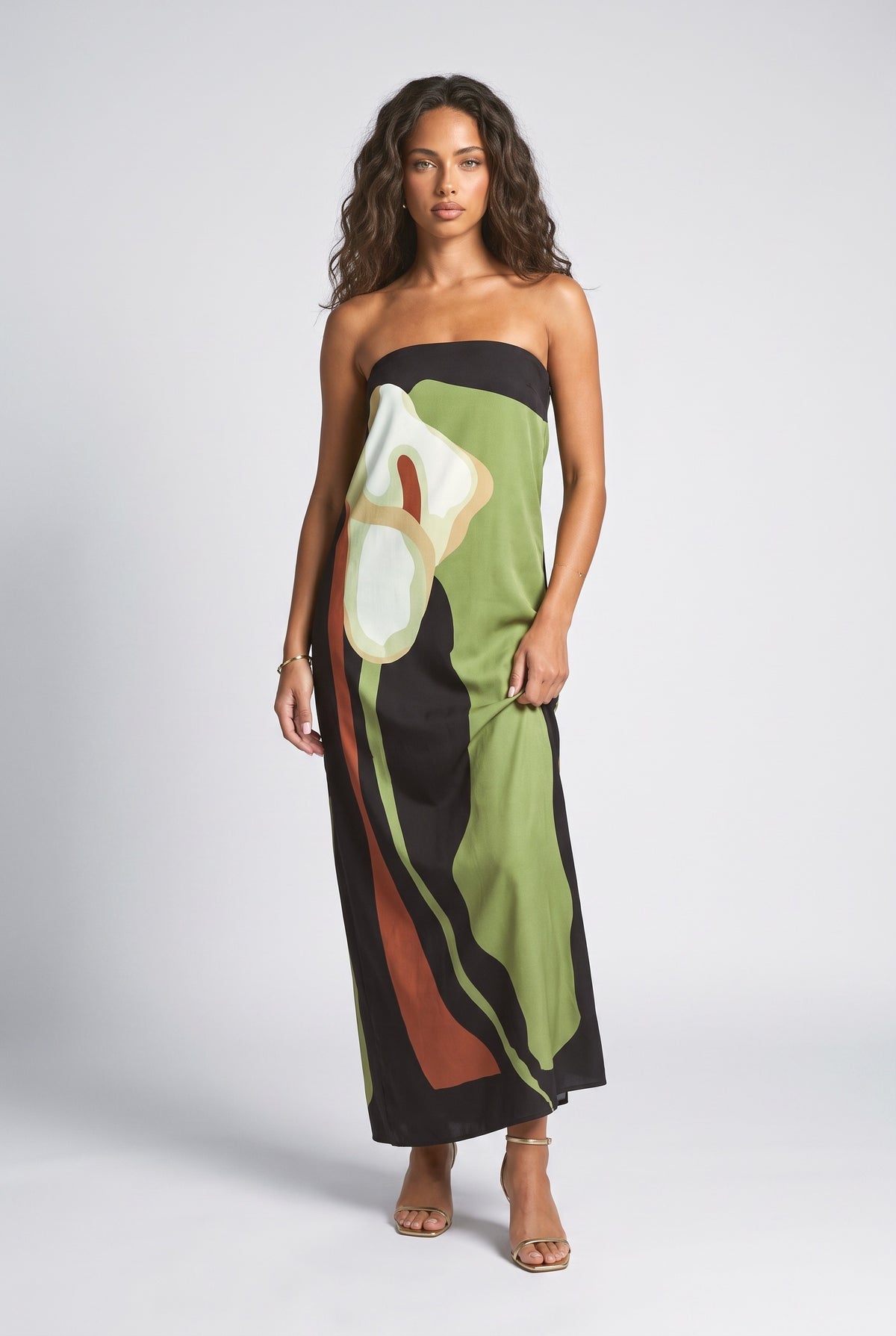 Green Print Off-Shoulder Sleeveless Maxi Dress, green
