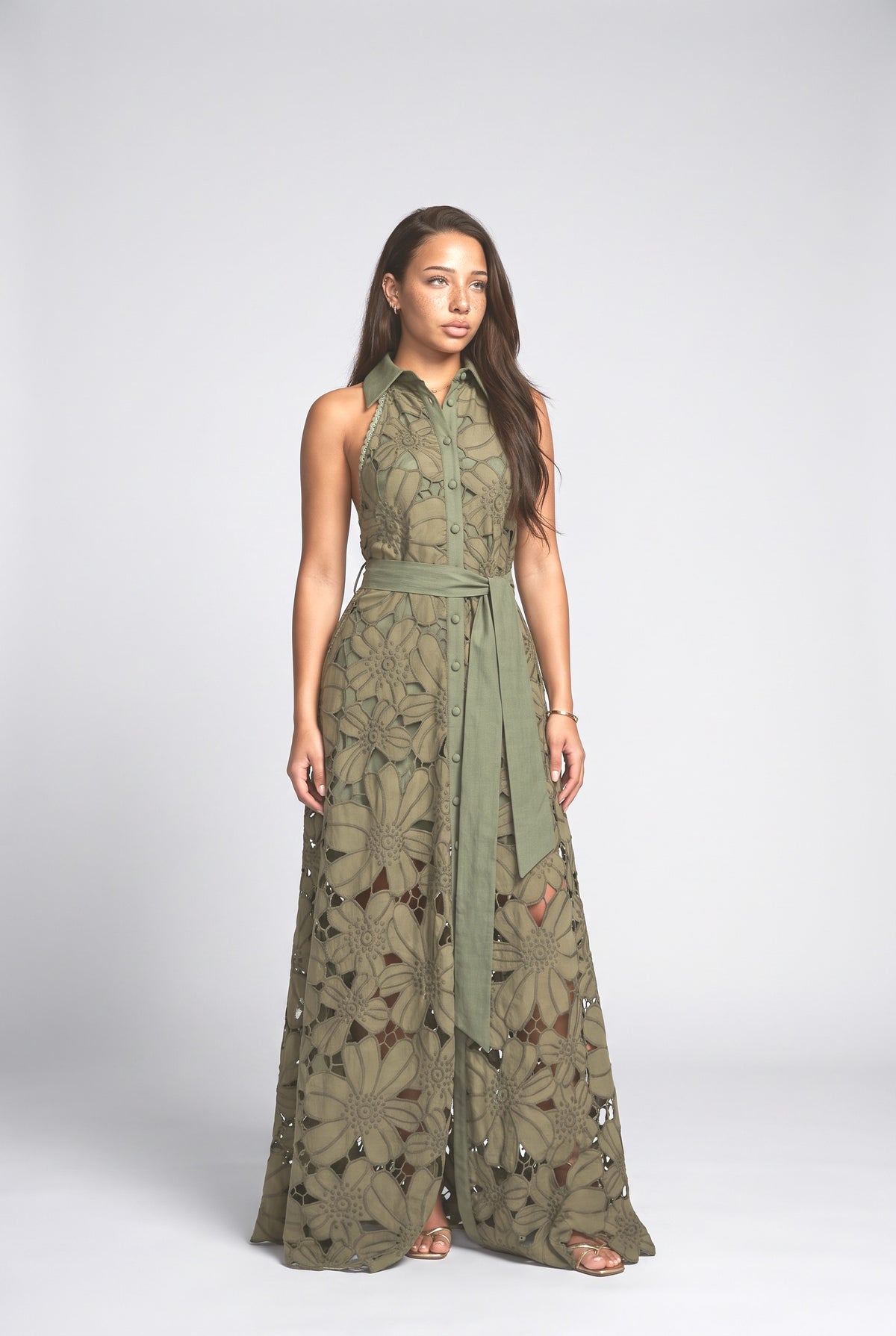 Floral Lace Backless Maxi Dress, green