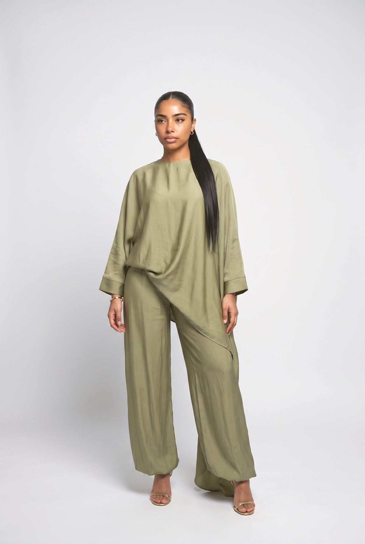 Satin Batwing Sleeve Top Two-Piece Set, green