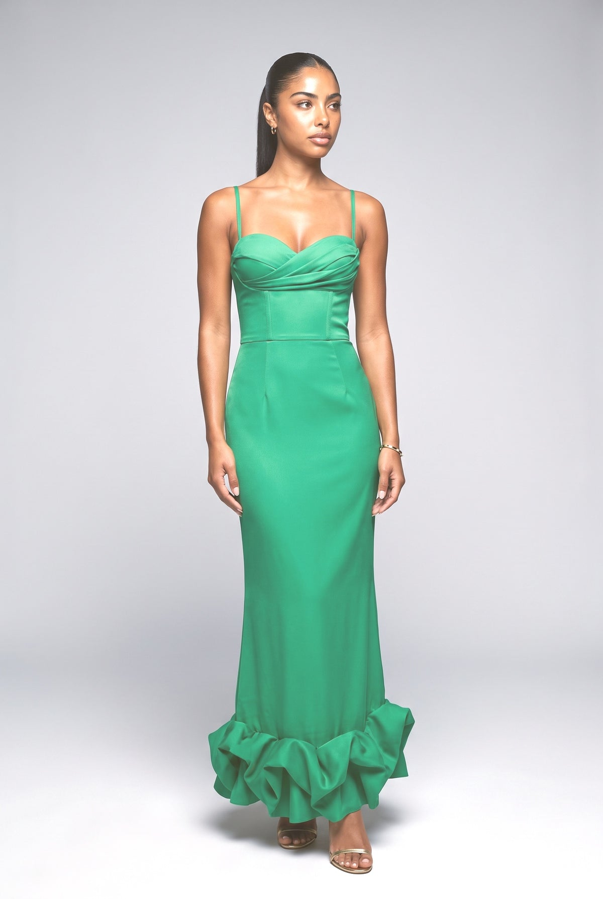 Satin Sweetheart Ruffle Maxi Dress, green