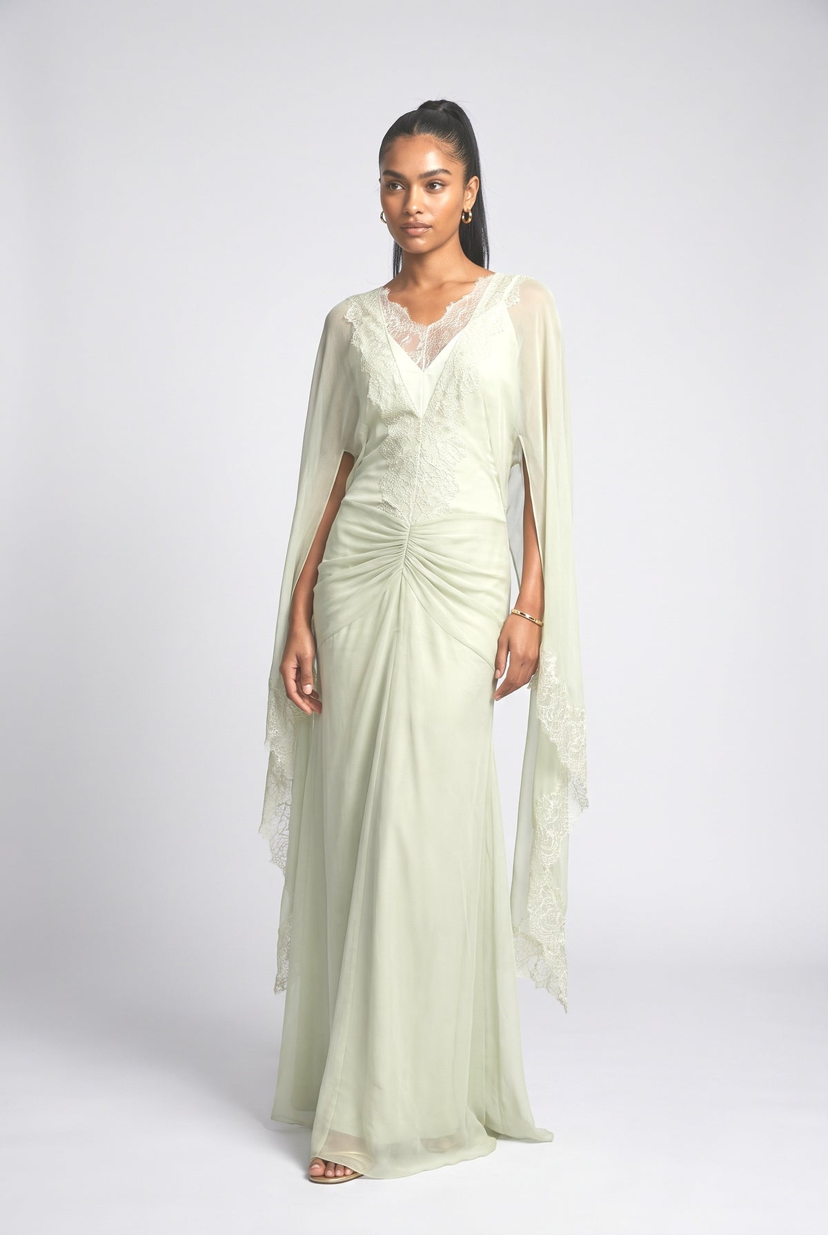 Green Lace Ruched Maxi Dress, green