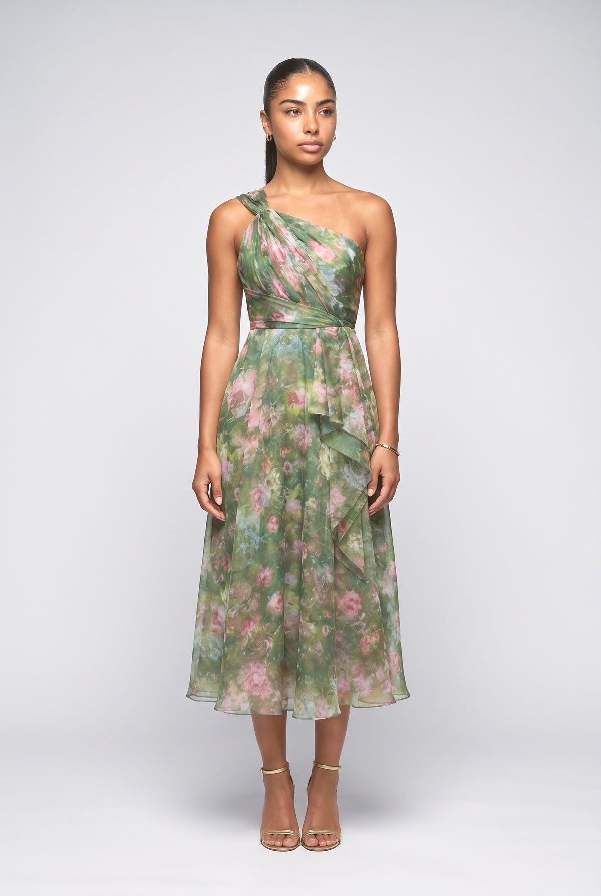 Green Floral Chiffon One-Shoulder Ruffle Midi Dress, green
