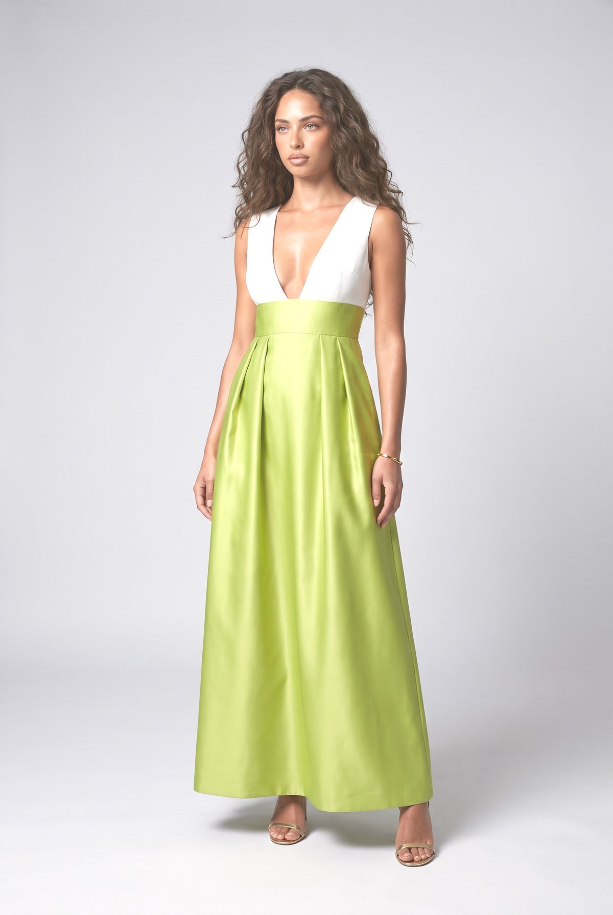 Colorblock V-Neck A-Line Maxi Dress, green