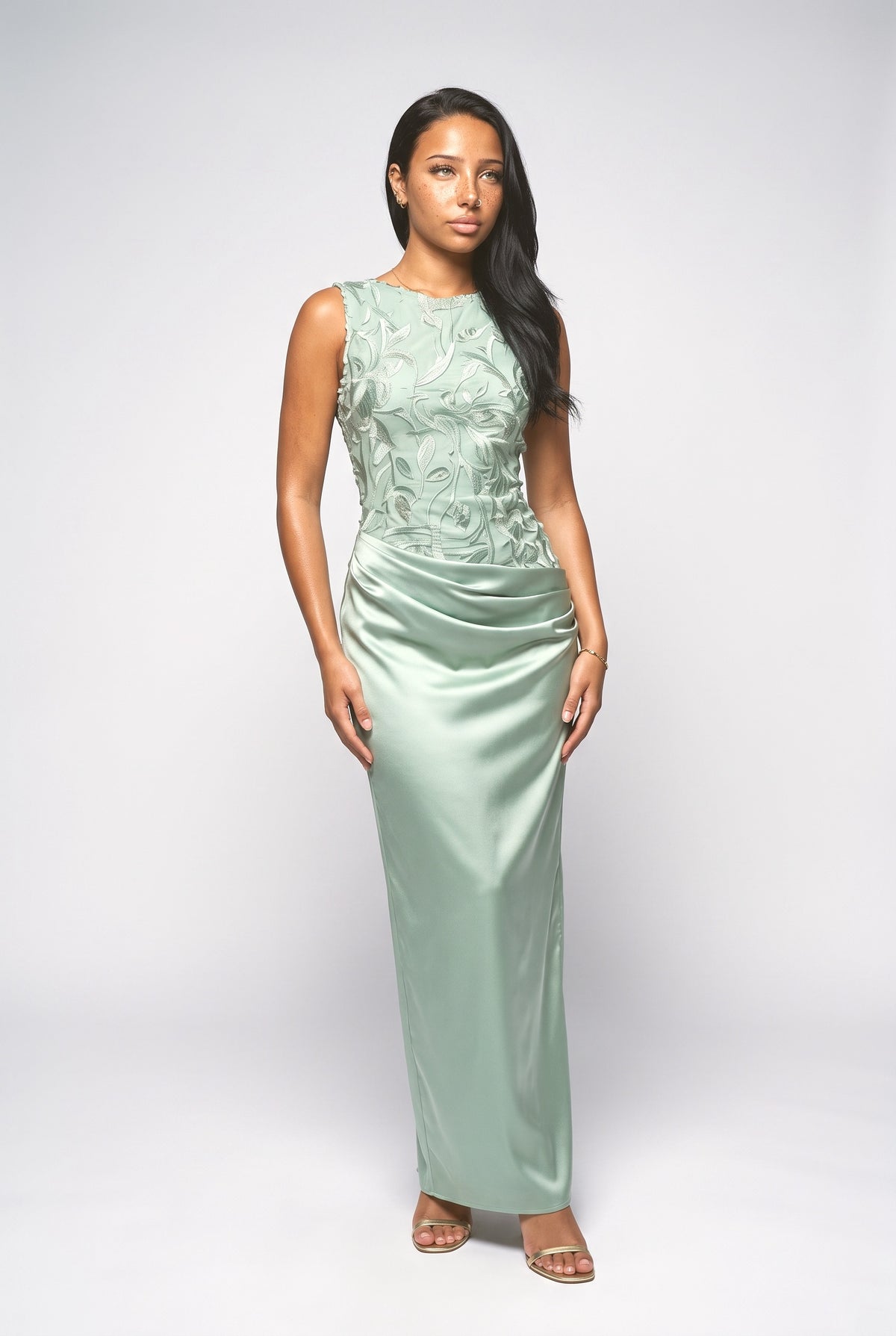 Satin Crew Neck Sleeveless Maxi Dress, green