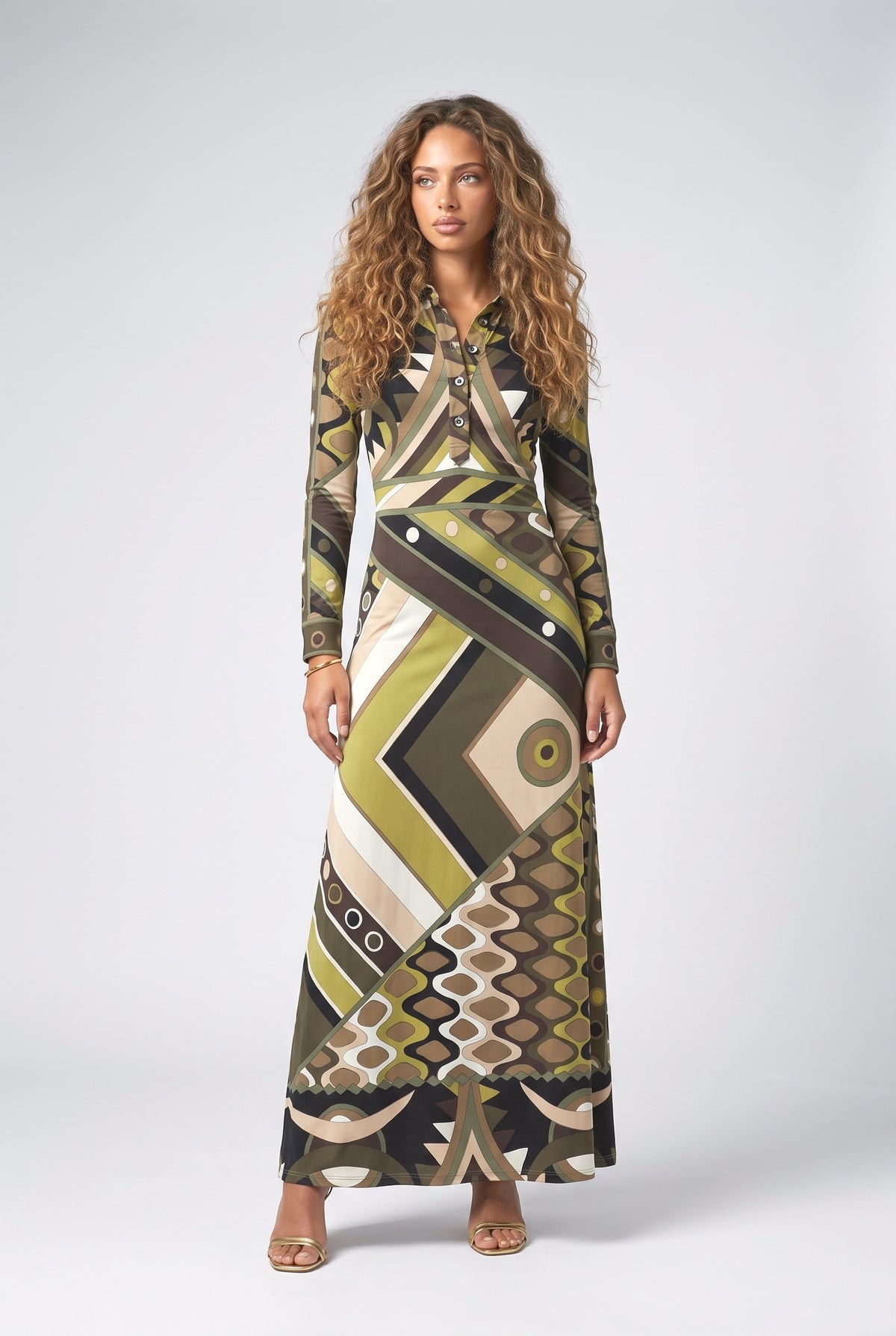 Green Abstract Long Sleeve Maxi Dress, green