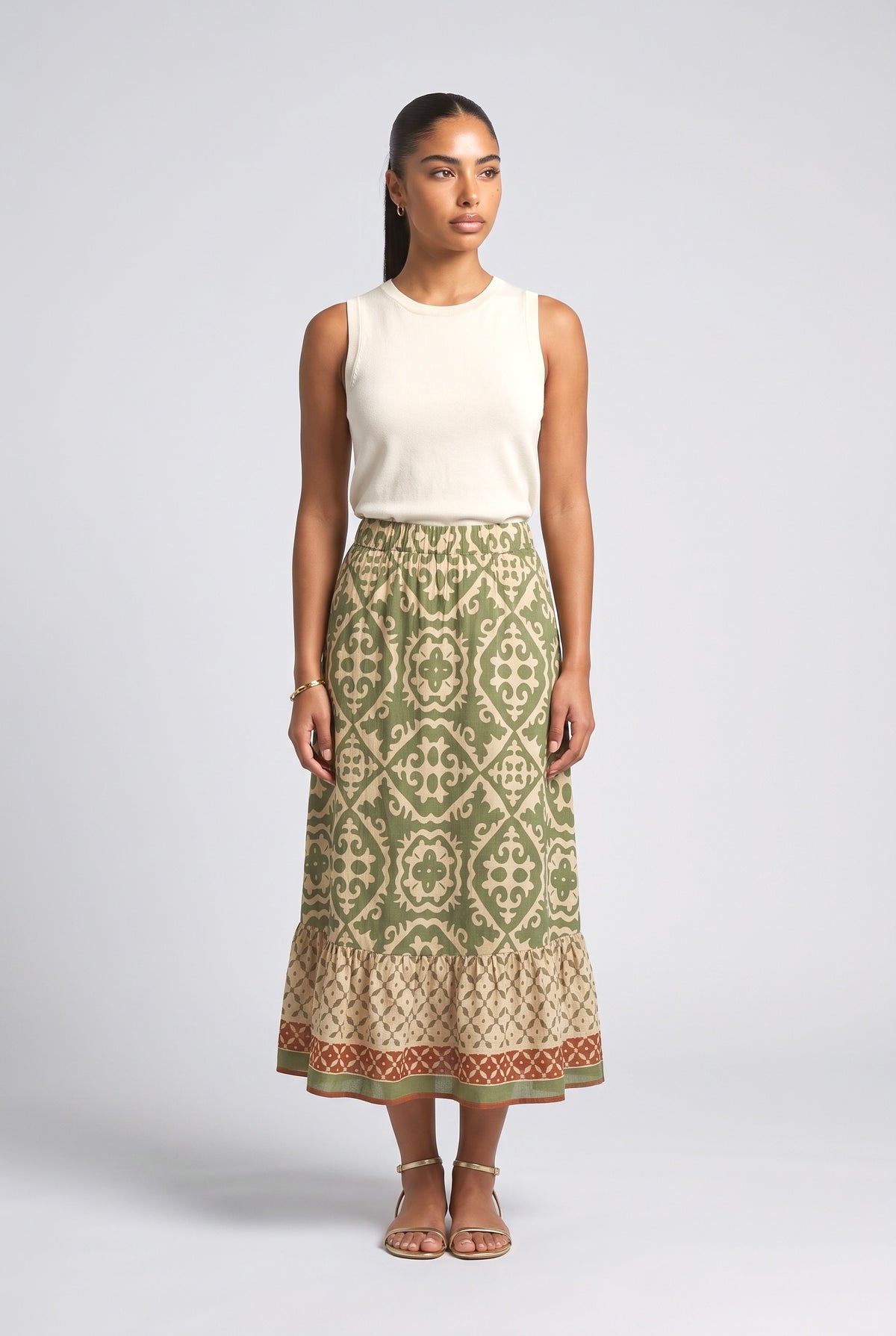 Print Stitching Swing Skirt, green