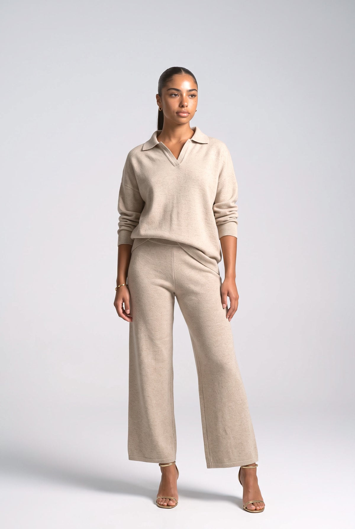 Polo Neck Knitted Pullover Wide Leg Pants Two-Piece Sets, khaki