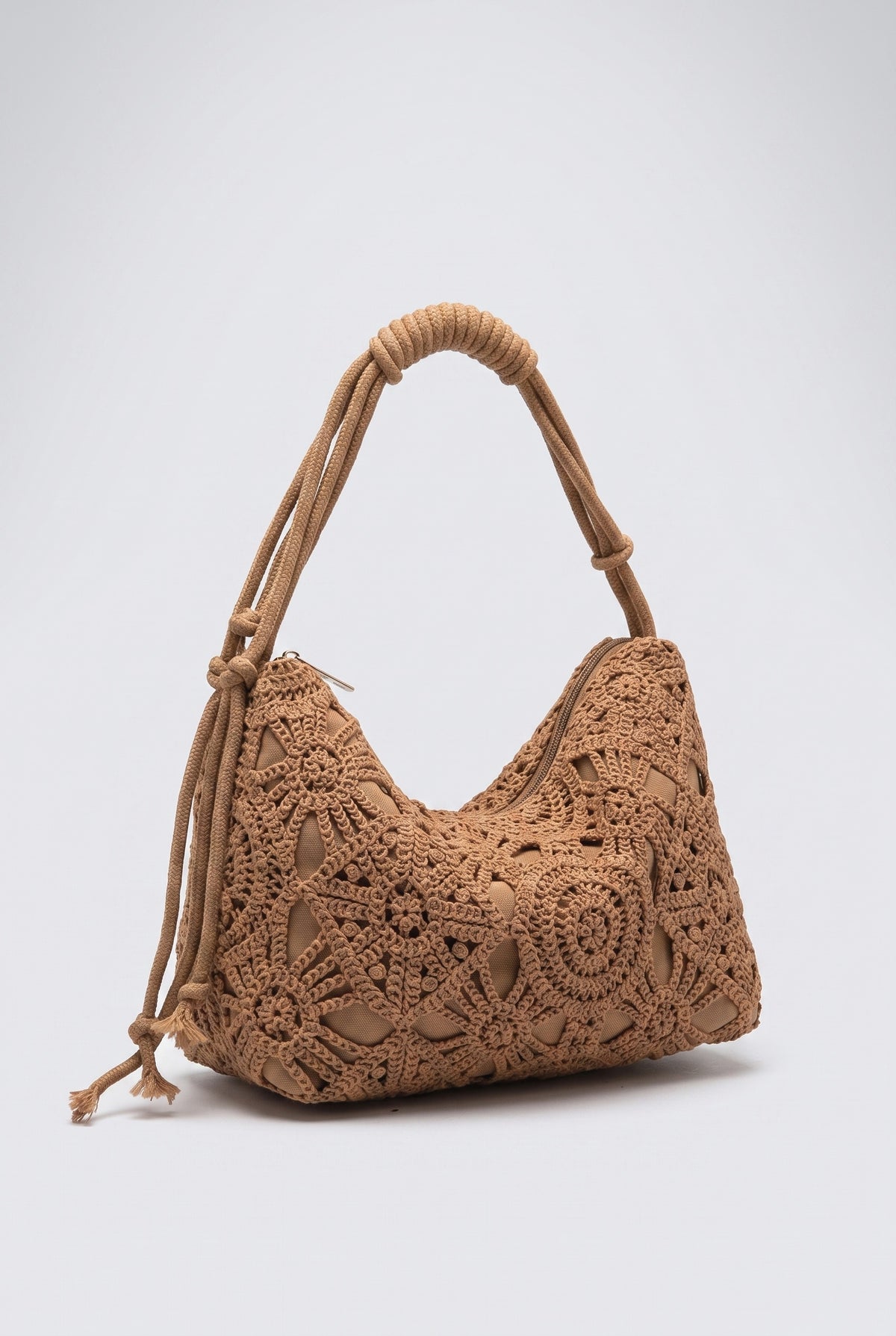 Boho Hollow Crochet Knitted Hobo Shoulder Bag, khaki