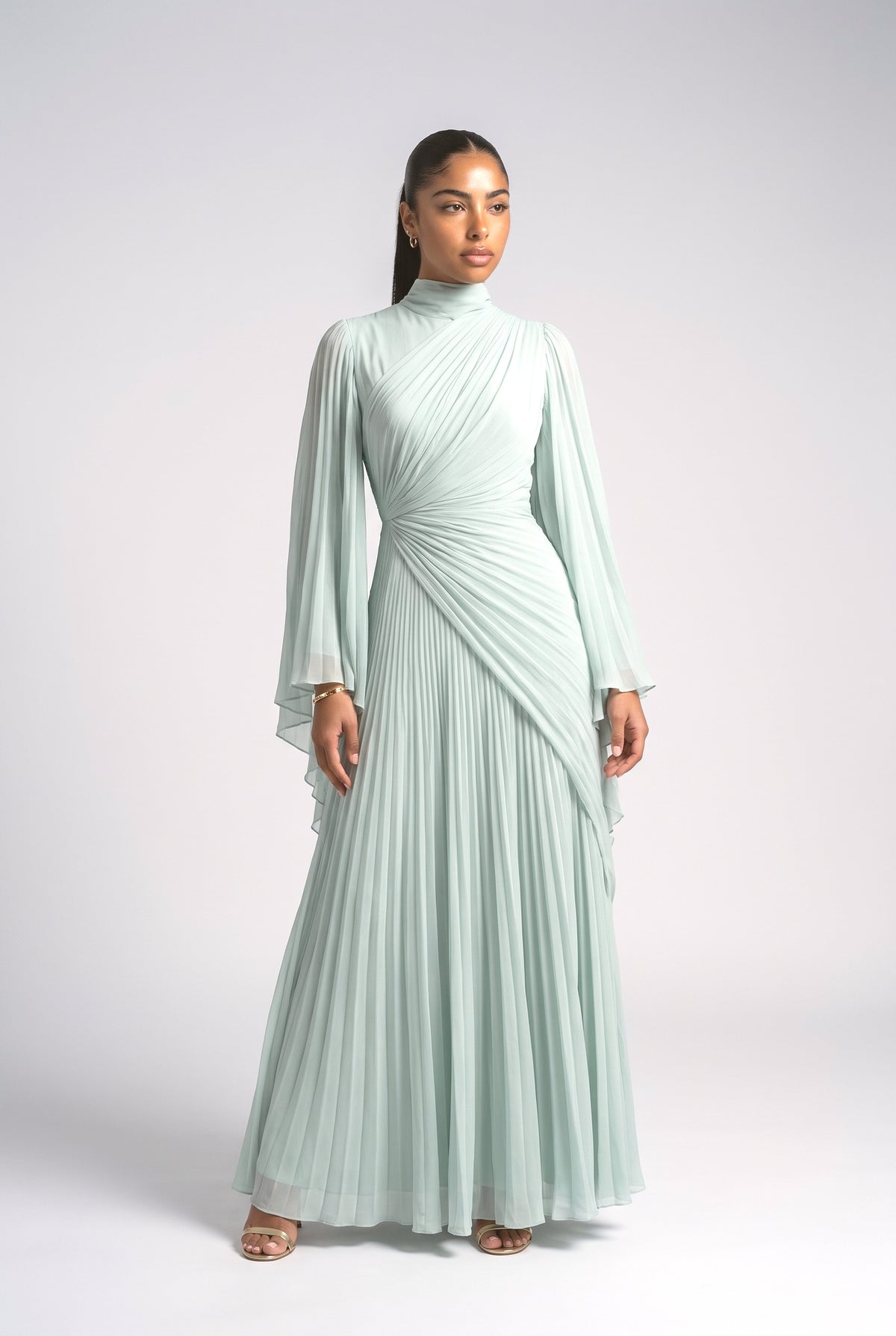 Chiffon High Neck Pleated Maxi Dress, lake blue
