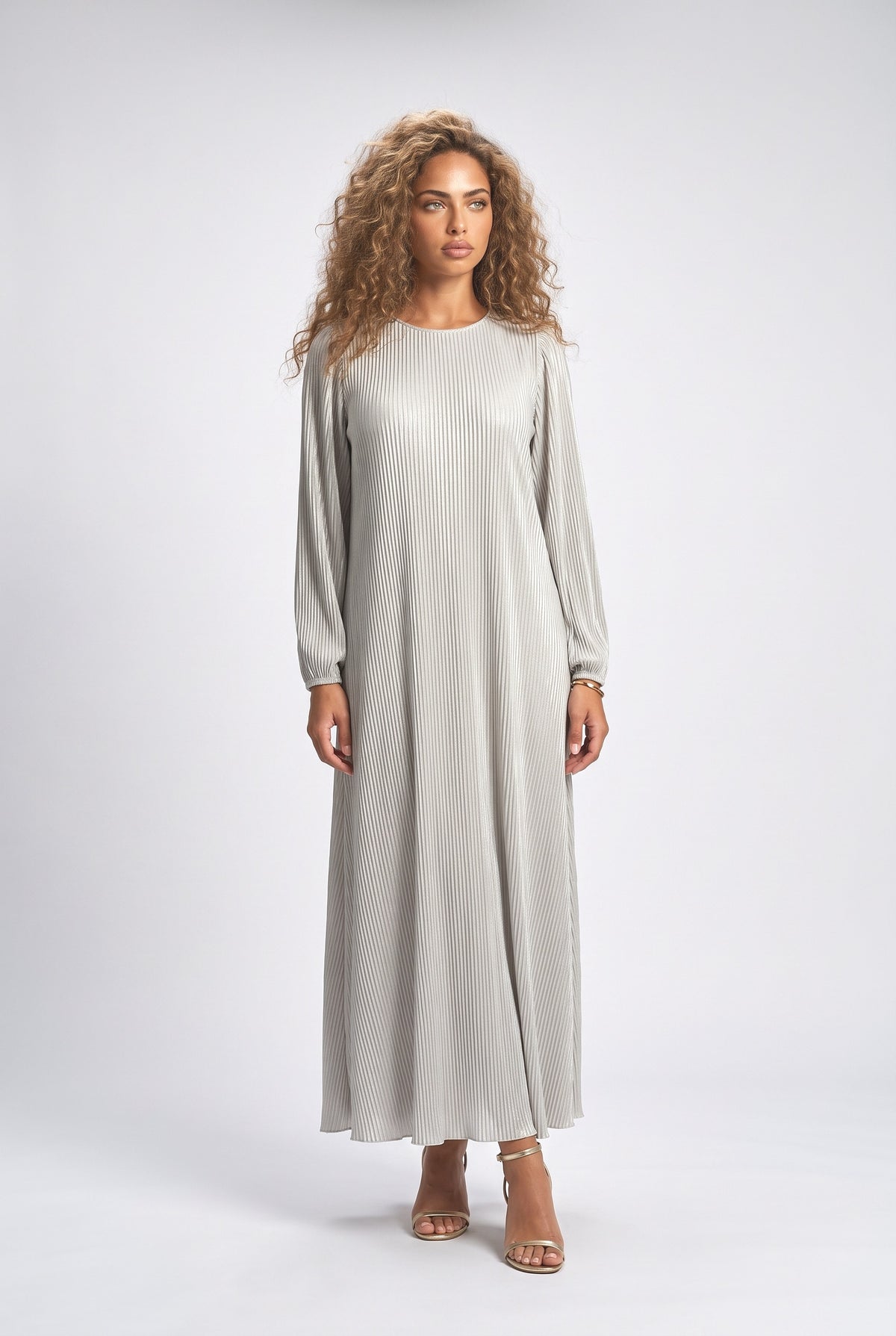 Pleated Flowy Long-Sleived Maxi Dress, lemon green