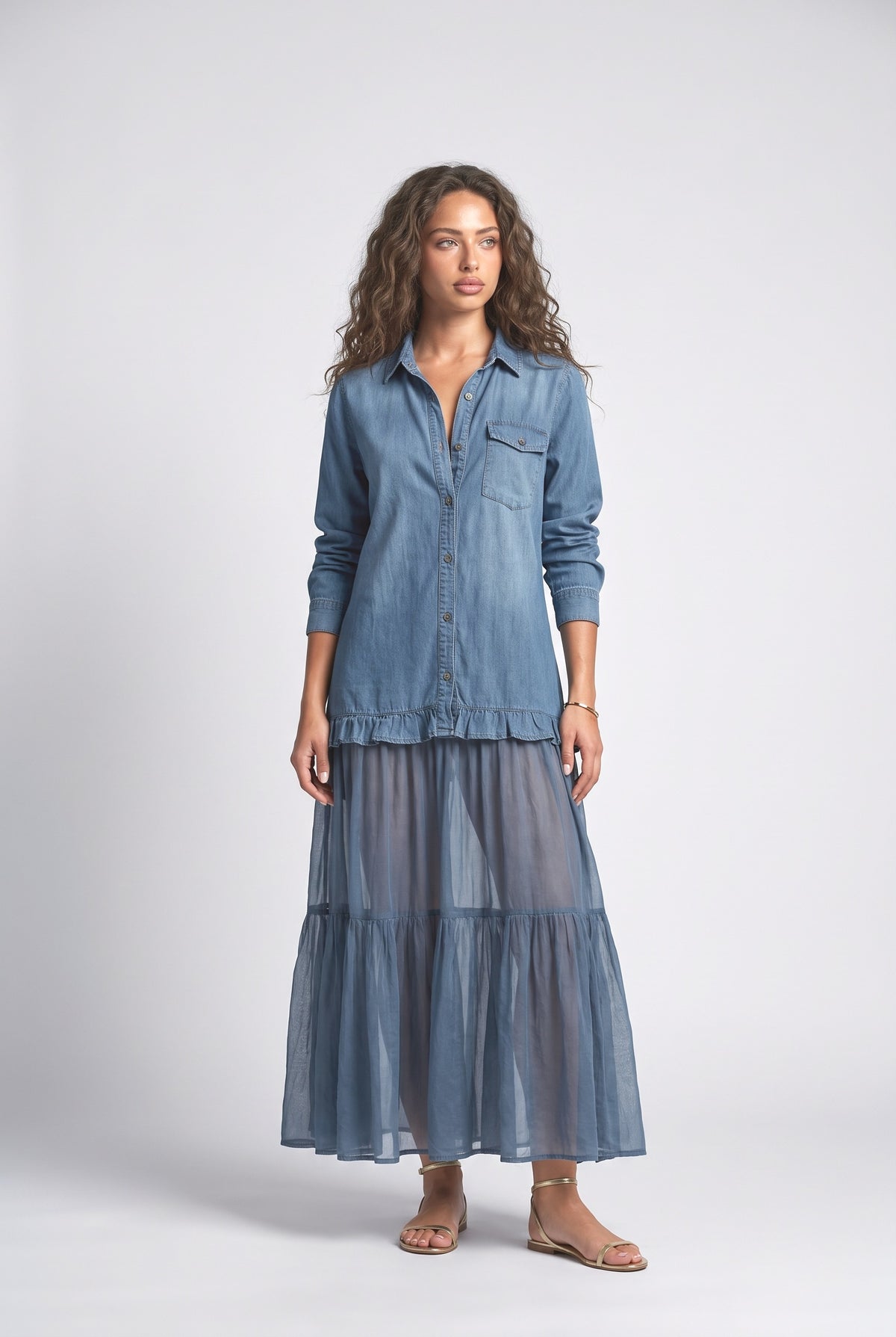 Denim Ruffle Maxi Dress, light blue
