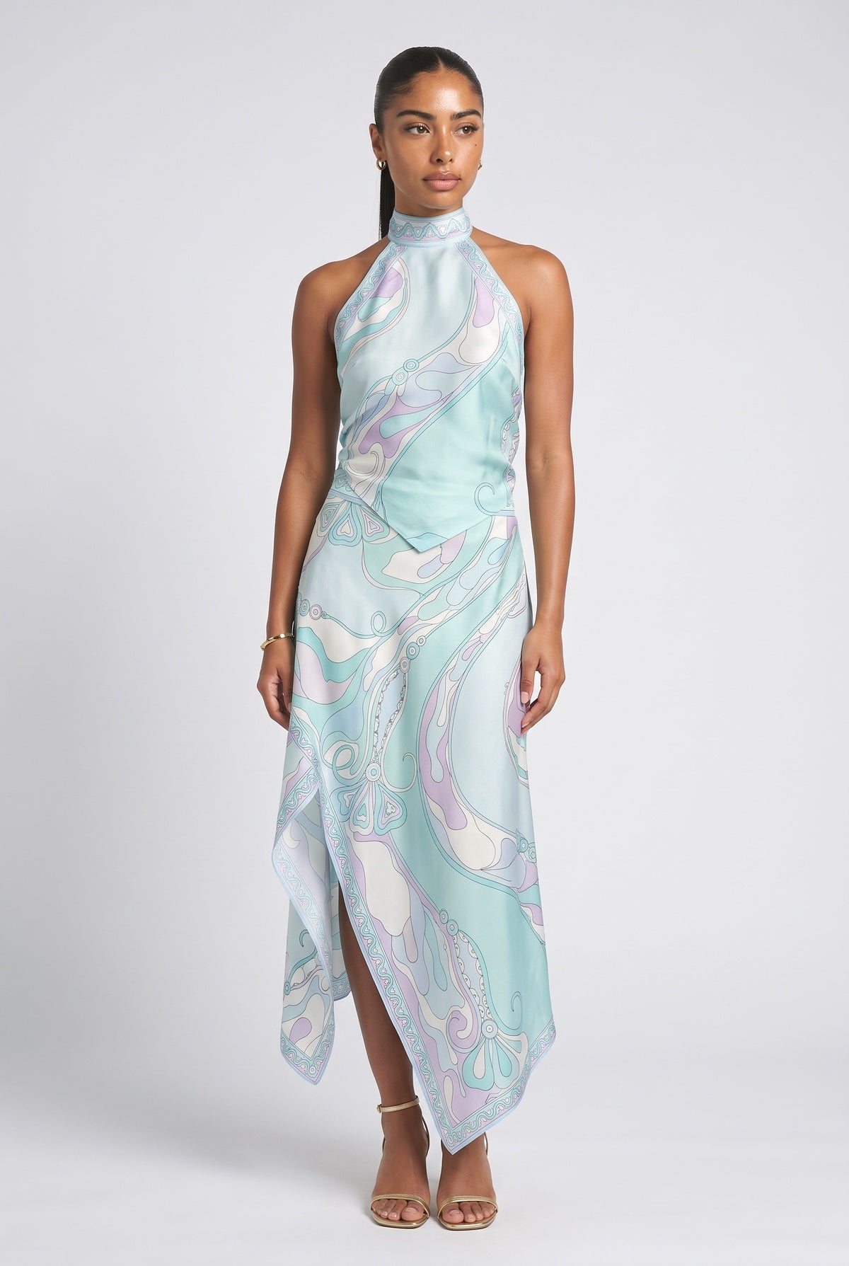 Psychedelic Swirl Print Skirt Two-piece Set, light blue